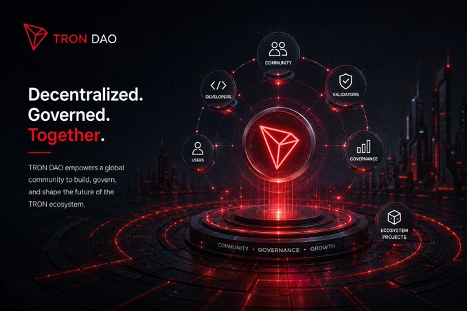A TRON DAO promotional graphic with the tagline "Decentralized. Governed. Together." highlighting a network of Community, Developers, Validators, Users, Governance, and Ecosystem Projects around the TRON logo.