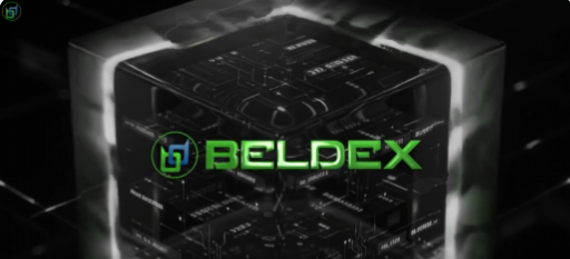 A dark, futuristic graphic displays the BELDEX logo with green and blue text on a glossy black cube-like background.