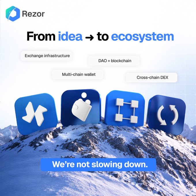 A Rezor promotional graphic titled 'From idea → to ecosystem' showing four blue icons for Exchange infrastructure, DAO + blockchain, Multi-chain wallet, and Cross-chain DEX, with the tagline 'We're not slowing down.' over a snowy mountain background.