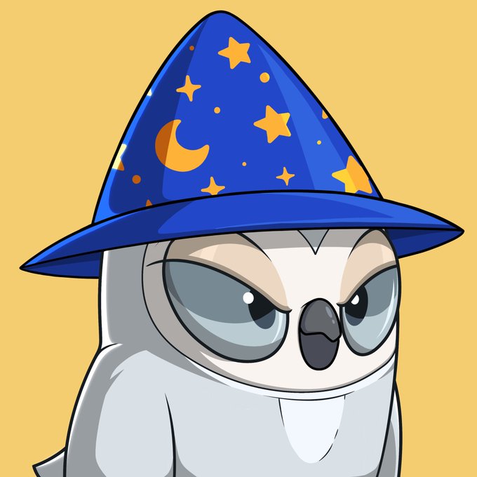 A cartoon illustration of an angry-looking gray owl or penguin-like character wearing a blue wizard hat decorated with yellow stars and a crescent moon.