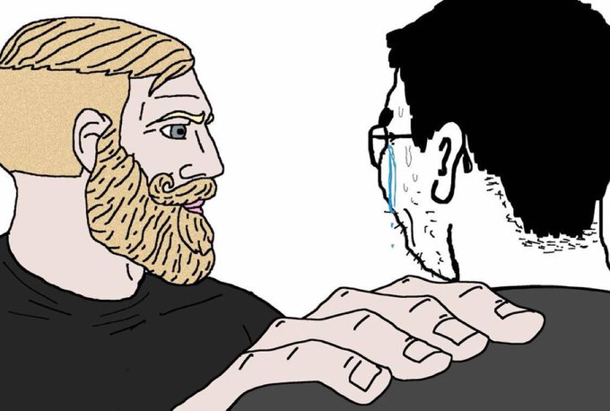 A bearded blonde man with a curled mustache faces a crying dark-haired "soyjak" with glasses and a runny nose, capturing the classic "Chad vs. Soyjak" meme used to illustrate cultural dominance—reinforcing the post's claim that $CHAD's value lies in pre-existing meme recognition rather than paid marketing.