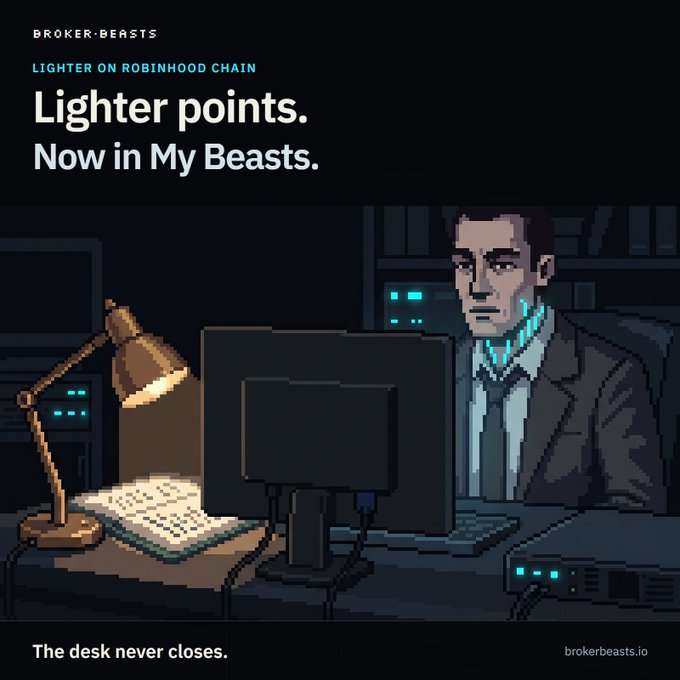A pixel art advertisement for 'BROKER·BEASTS' promoting 'Lighter points. Now in My Beasts.' featuring a man at a computer, with the tagline 'The desk never closes.' and website brokerbeasts.io.