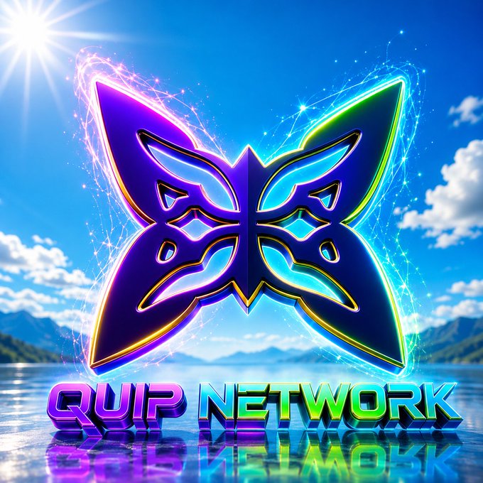 A vibrant, neon-colored butterfly-like logo with glowing purple, blue, and green wings floats above a serene lake, with the bold text "QUIP NETWORK" displayed at the bottom in matching luminous letters, its reflection mirrored on the water's surface—evoking themes of transformation, decentralization, and the emergence of a new ecosystem in line with the post's message about Quip Network's research community fostering open collaboration among developers and node operators.