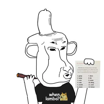 A black-and-white cartoon character with an elongated head resembling a lamb wearing a shirt that reads 'when lambo?' with a Shiba Inu dog face, holding a bat and a document titled 'My Resume'.