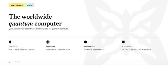A website landing page for 'QUIP NETWORK' promoting 'The worldwide quantum computer,' described as a decentralized marketplace for quantum compute, with sections for Consumers, Operators, Enterprises, and Developers.