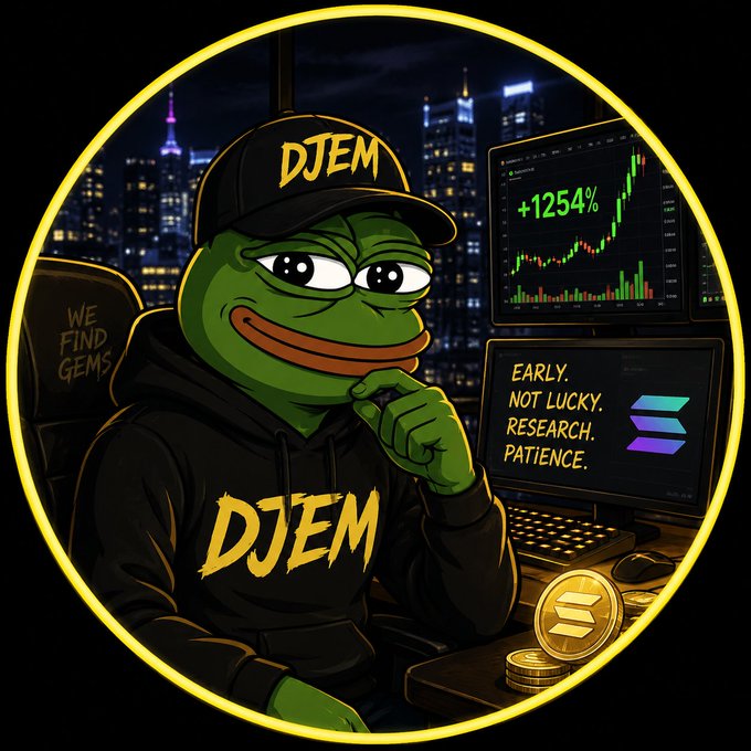 The image is a circular profile-style logo featuring Pepe the Frog wearing a black hoodie and cap branded "DJEM," sitting at a multi-screen trading setup against a nighttime city skyline, with one monitor displaying "+1254%" gain, another showing the mantra "EARLY. NOT LUCKY. RESEARCH. PATIENCE.", and a Solana coin and logo on the desk.

The logo visually reinforces the post's message by embodying the "DJEM" brand's identity as a diligent, research-driven crypto researcher—replacing hype-driven "100x calls" with the disciplined grind of finding early memecoin opportunities on chains like Solana.