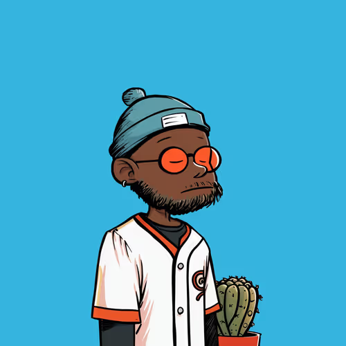 A 2D cartoon illustration of a dark-skinned character wearing a blue beanie, orange-tinted glasses, and a white baseball jersey, holding a potted cactus against a solid blue background.