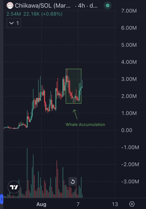 A TradingView candlestick chart of Chiikawa/SOL token showing a price of 2.54M with +0.88% change, featuring a highlighted green box labeled 'Whale Accumulation' indicating significant buying activity on the 4-hour timeframe.