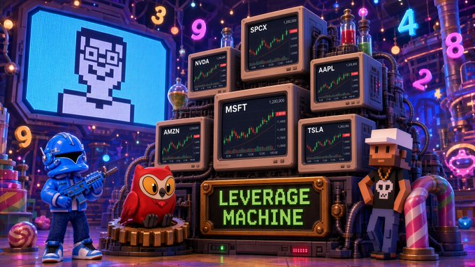 A vibrant 3D-rendered scene of a 'LEVERAGE MACHINE' surrounded by stock market monitors displaying tickers like 'SPCX', 'NVDA', 'AAPL', 'MSFT', 'TSLA', and 'AMZN', accompanied by various stylized characters.