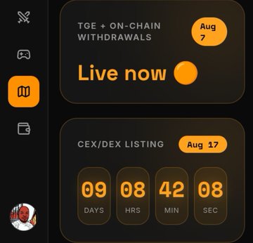The image displays an app dashboard showing "$ORVX TGE + ON-CHAIN WITHDRAWALS" marked "Live now" on August 7, with a countdown timer of 09 days, 08 hours, 42 minutes, and 08 seconds until the CEX/DEX listing on August 17, aligning with the post's announcement of the ongoing TGE and upcoming listing in 10 days.