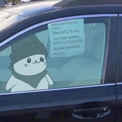 A car window displays a cartoon seal wearing a beanie and bandana with a note that reads: 'Please don't break the window. The A/C is on. He has water, and is listening to his favorite music.'