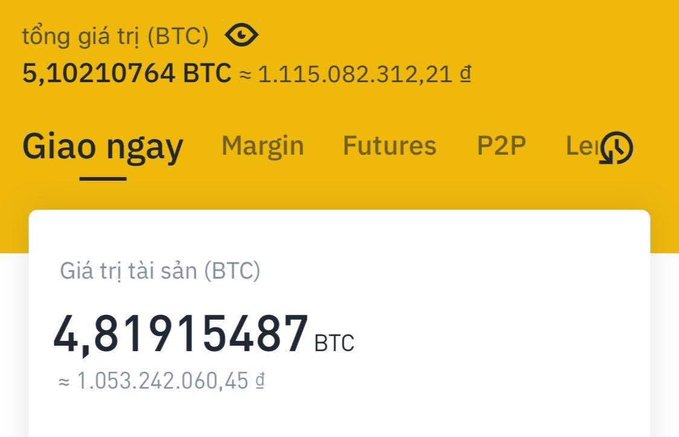 The image displays a cryptocurrency portfolio summary in Vietnamese, showing a total value of 5.10210764 BTC (≈ 1,115,082,312.21 VND) under the "Giao ngay" (Spot) tab, with a current asset value of 4.81915487 BTC (≈ 1,053,242,060.45 VND).

The screenshot illustrates the substantial value those early Bitcoin holdings from 6 years ago could have reached, supporting the post's claim about how holding onto crypto received from affiliate exchanges could have made someone a millionaire by the end of 2021.
