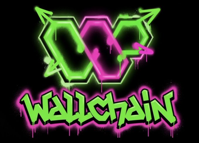 The image features a black background with neon green and pink letters spelling out "Wallchain". Below this, there are two arrows pointing upwards, creating an abstract design that adds visual interest to the scene. The text "Gquacks have a great day everyone keep quacking with @wallchain" is written in white below the arrows, providing additional context about the image's content and possibly referencing the creator of the artwork or the concept behind it.

The overall composition of the image suggests that it could be an advertisement for a company named "Wallchain", which might be related to cryptocurrency or blockchain technology. The use of neon green and pink colors adds a vibrant and eye-catching element, making the logo stand out against the black background.