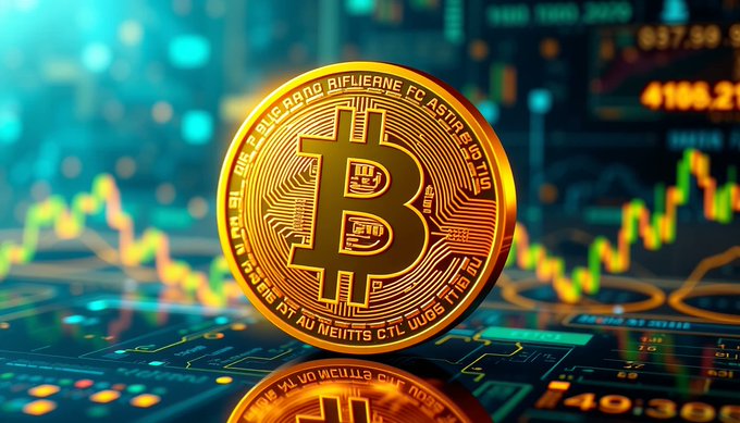 Stylized photo of a gold Bitcoin coin on a circuit board with digital trading charts and price data in the background.