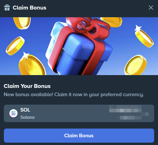 A "Claim Bonus" pop-up window from Stake features a blue gift box with a red ribbon and gold coins, offering a new bonus claimable in SOL (Solana) cryptocurrency. The popup corresponds to the promotion of Stake's monthly bonus program, inviting users to claim their rewards and share their Stake usernames.