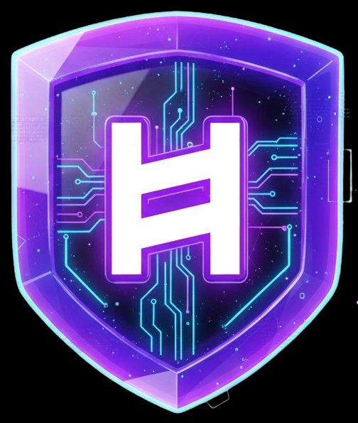 The image features a purple shield with a white "h" logo at its center, surrounded by blue lines that create a futuristic look. The background of the image is black, which contrasts with the vibrant colors of the shield and logo. The caption below the image reads "HSUITE WALLET by @HSuiteNetwork Guide to the wallet".