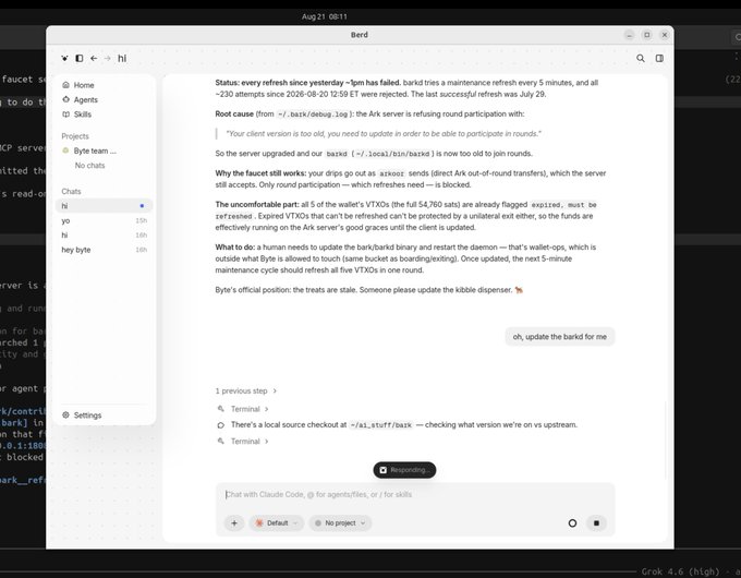 A screenshot of a chat interface titled 'Berd' shows a conversation about server refresh errors and faucet issues, with the user responding 'oh, update the bankd for me'.