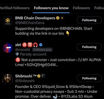 The image shows a list of "Followers you know" on Twitter, including @BNBChainDevs, @cooxbt (a parody account), and @Shibtoshi. The accompanying post mentions a Binance/CZ connection and specific Twitter handles, suggesting these followers are relevant to the author's observations about crypto personalities.