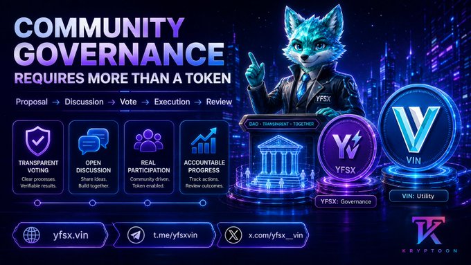 A promotional graphic titled 'COMMUNITY GOVERNANCE REQUIRES MORE THAN A TOKEN' features a cat in a suit and lists tokens 'YFSX' and 'VIN' alongside social handles for yfsx.vin.