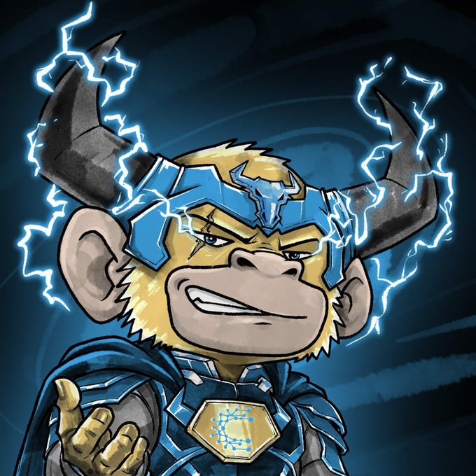 The image features a cartoon monkey wearing a blue helmet with horns, standing against a dark background that includes lightning bolts. The monkey appears to be in a fighting stance or ready for action, possibly as a superhero or a character from an animated movie. The image is accompanied by text that reads "Cool little collection on the XRPL minting tomorrow". This suggests that this image might have been created for promotional purposes or as part of a series related to the XRPL Minting project.