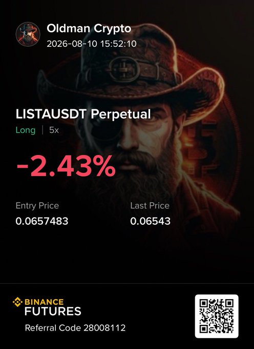 A Binance Futures trading screenshot from "Oldman Crypto" showing an open Long position on LISTAUSDT Perpetual at 5x leverage, currently down -2.43% with an entry price of 0.0657483 and last price of 0.06543. The image complements the caption by documenting a personal long trade on Lista, shared for educational purposes with a referral code (28008112) prominently displayed.