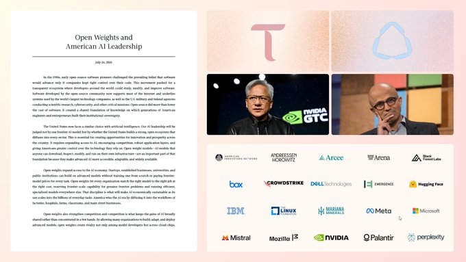 An article titled 'Open Weights and American AI Leadership' dated July 29, 2026, alongside an image of two men on a panel labeled 'NVIDIA GTC' and 'ARTIFICIALITY', with a large collection of tech company logos at the bottom including AMD, Dell, IBM, Meta, Microsoft, NVIDIA, and Palantir.
