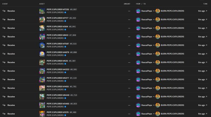 A transaction history log showing multiple "Receive" events for various PEPE EXPLORERS NFTs (numbered #725, #7177, #364, #9800, #7587, #4487, #525, #4323, #5277, #4565, #6445, #5405, and #129) being burned in exchange for BURN-PEPE-EXPLORERS tokens via RacialPega, all timestamped "6m ago," suggesting preparation for an upcoming merchandise announcement for the PepeExplorers collection.