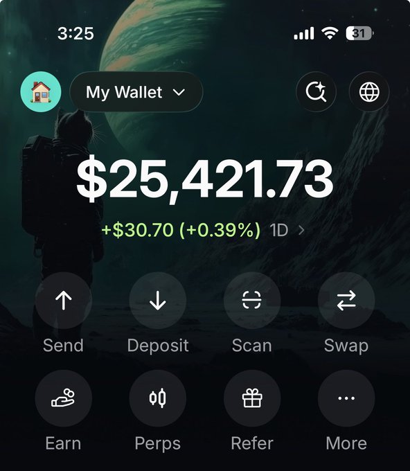 A mobile crypto wallet screenshot displaying a balance of $25,421.73, showing a +$30.70 (+0.39%) change over 1D, with options for Send, Deposit, Scan, Swap, Earn, Perps, Refer, and More.