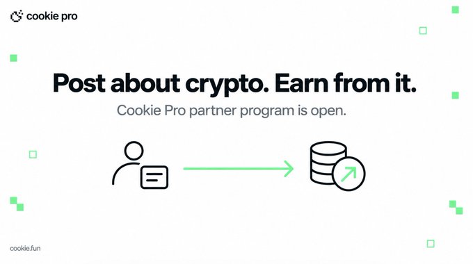 A Cookie Pro ad announcing its open partner program with the headline "Post about crypto. Earn from it." and an illustration of a person with an ID card pointing via arrow to a database icon showing growth, visualizing how affiliates can drive revenue from their audience.