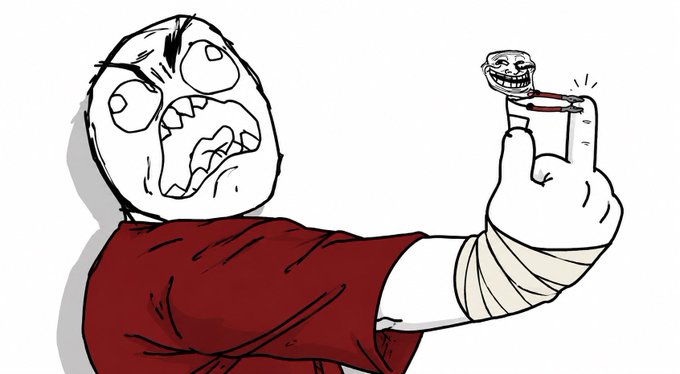 The image features a cartoon depiction of an angry person making a peace sign with their fingers, accompanied by a caption that reads "rage on brothers $rageguy". The scene takes place against a white background, which highlights the graphic nature of the illustration.