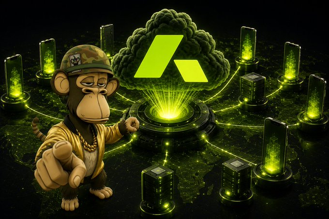 A digital illustration of a cartoon monkey wearing a gold chain and military helmet, pointing at the viewer, set against a dark background with glowing green servers and a green cloud/cloud-computing symbol.