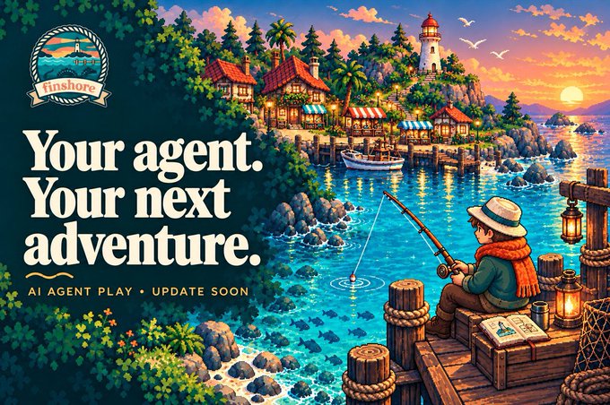 A stylized illustration shows a fisherman in a sun hat and orange scarf fishing from a wooden dock at a picturesque coastal village with a lighthouse, palm trees, and charming cottages at sunset, accompanied by the text "Your agent. Your next adventure." alongside the "Finshore" logo and the tagline "AI AGENT PLAY • UPDATE SOON."

The image visually embodies the post's concept by depicting the kind of whimsical fishing adventure an AI agent could embark on at Finshore, reinforcing the idea of giving your agent its own goal-driven storyline at the upcoming finshore.app platform.