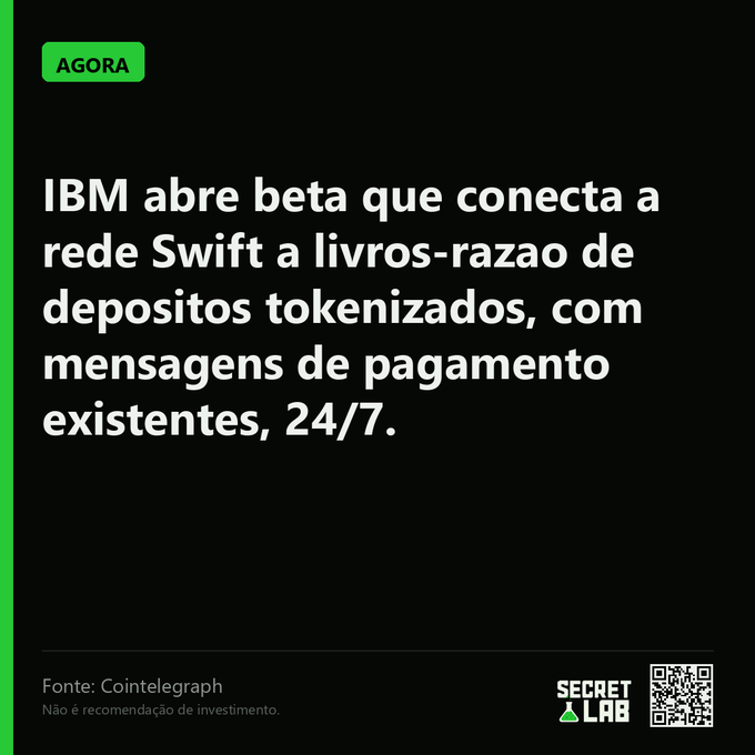 A Portuguese news graphic stating "IBM abre beta que conecta a rede Swift a livros-razao de depositos tokenizados, com mensagens de pagamento existentes, 24/7", sourced from Cointelegraph.