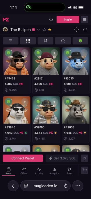 A Magic Eden mobile app interface shows 'The Bullpen' NFT collection featuring various cow character avatars listed with their IDs and SOL prices.