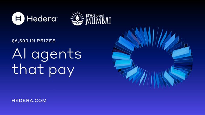 Hedera promotional graphic with ETHGlobal Mumbai branding, “$6,500 IN PRIZES,” “AI agents that pay,” and “HEDERA.COM.”