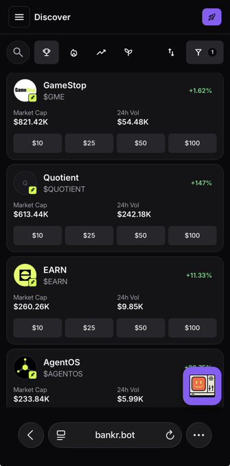 A cryptocurrency app screen titled "Discover" displays token listings including GameStop ($GME, +1.62%), Quotient ($QUOTIENT, +1.47%), EARN ($EARN, +11.33%), and AgentOS ($AGENTOS).