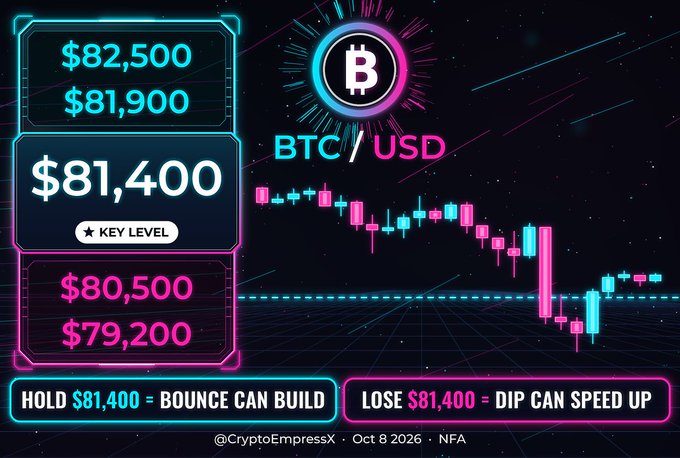 A neon-styled Bitcoin price chart graphic showing BTC/USD with key levels at $82,500, $81,900, $81,400, $80,500, and $79,200, and the text: 'HOLD $81,400 = BOUNCE CAN BUILD' and 'LOSE $81,400 = DIP CAN SPEED UP', credited to @CryptoEmpressX from October 8, 2026.