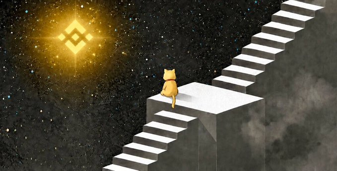 An illustration of a small yellow cat sitting on a white platform beside a staircase leading upward toward a glowing Binance logo in a starry night sky.