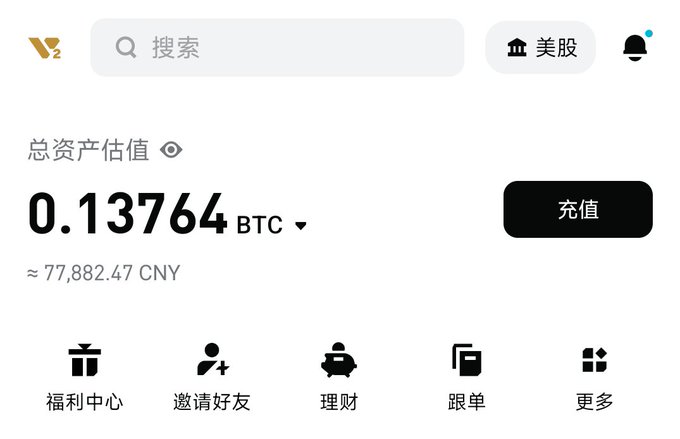 A Chinese cryptocurrency portfolio dashboard displays total assets valued at 0.13764 BTC (approximately 77,882.47 CNY), with menu options for 福利中心 (Welfare Center), 邀请好友 (Invite Friends), 理财 (Finance), 跟单 (Copy Trading), and 更多 (More).