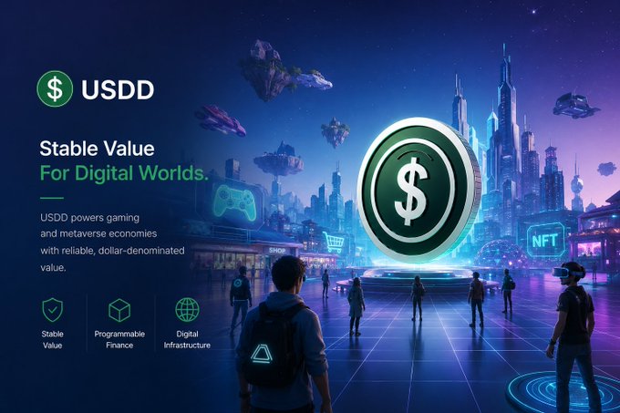 A promotional image for USDD cryptocurrency, a stablecoin for digital worlds, featuring futuristic gaming and metaverse imagery with the tagline 'Stable Value For Digital Worlds.'
