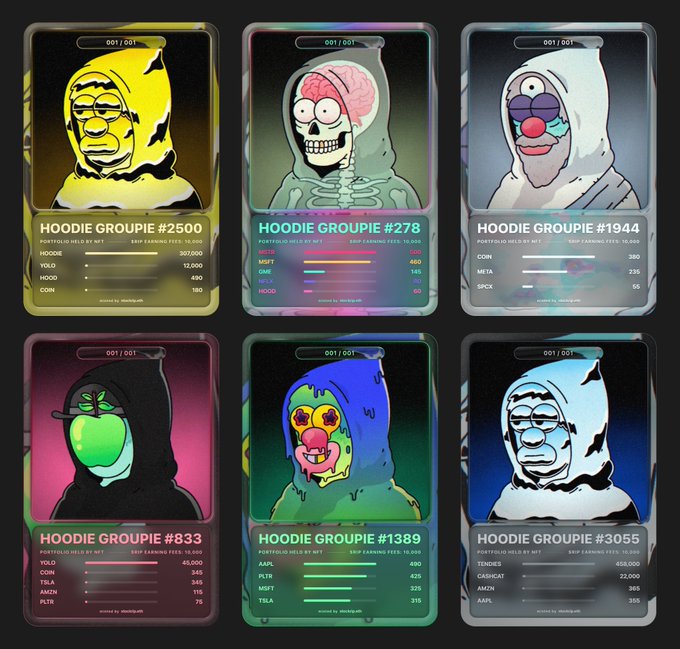 The same collection of six 'HOODIE GROUPIE' NFT trading cards featuring cartoon characters with various portfolio statistics.