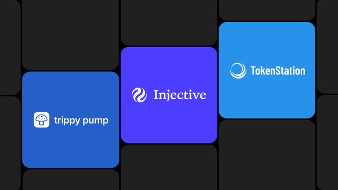 Three colored tile graphics display the logos and names "trippy pump" on a blue tile, "Injective" on a purple tile, and "TokenStation" on a light blue tile, visually representing the two no-code token launchers mentioned in the post.