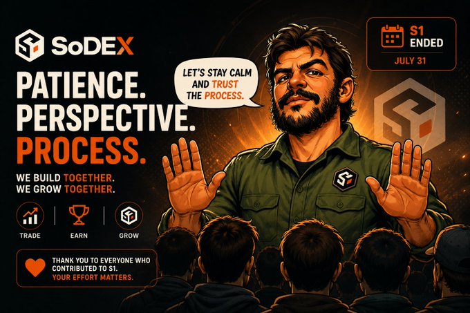 A promotional graphic for SoDEX features a bearded illustrated figure in a green jacket gesturing calmly toward a crowd, alongside the slogans "PATIENCE. PERSPECTIVE. PROCESS." and a speech bubble stating "LET'S STAY CALM AND TRUST THE PROCESS." The image highlights that SoDEX Season 1 ended on July 31, thanking contributors with the note "YOUR EFFORT MATTERS" while emphasizing the "TRADE, EARN, GROW" model as the post reassures users awaiting the airdrop that their months of trading and accumulating SoPoints have been recognized.