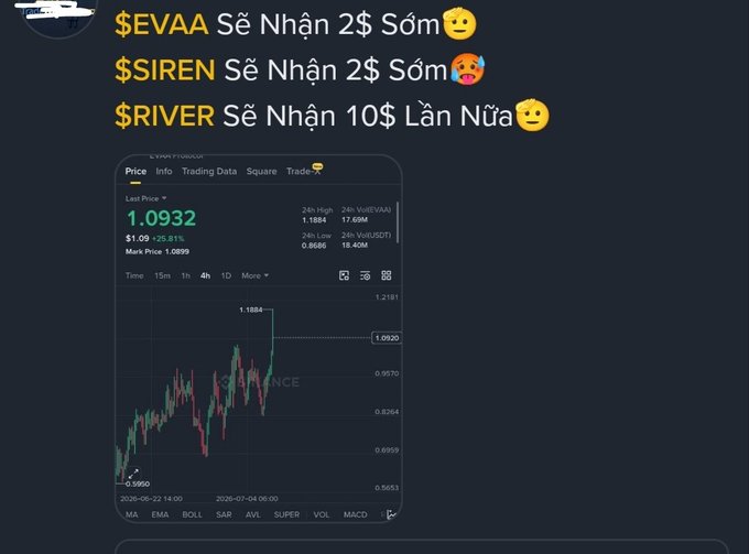 A crypto trading post showing EVAA, SIREN, and RIVER tokens with Vietnamese text promising airdrops, alongside a price chart of an unspecified token at $1.0930 (+25.81%).