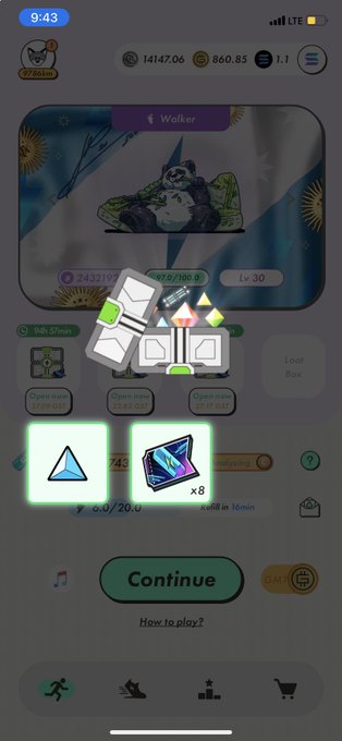 A mobile game screenshot showing a rewards/loot box interface with a panda character labeled 'Walker' (Lv.30), opening boxes to reveal items like blue pyramids and a purple crystal marked 'x8', with a 'Continue' button at the bottom.