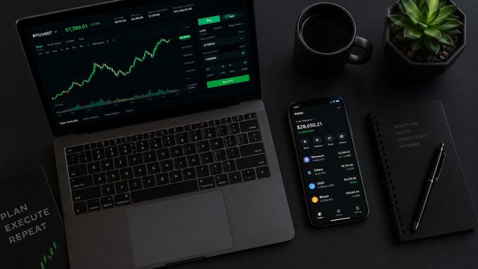 A flat lay image of a trading workspace featuring a laptop displaying a Bitcoin chart at $67,389.01, a smartphone showing a $28,850.21 wallet balance, a coffee mug, a plant, and a notebook.