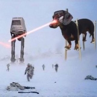 A snowy Hoth-like battle scene shows an AT-AT firing a red laser beam at a creature with elephant-like head on tall stick legs.