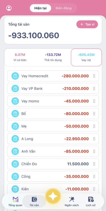 A Vietnamese financial app (MISA) showing total assets of -933,100,060 VND with cash balance 6.07M, credit card debt -133.72M, and total loans of -805.45M, listing individual debts including Homecredit, VP Bank, momo, and various personal loans.