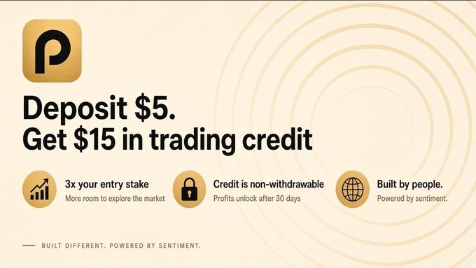 A promotional advertisement for a trading platform with the text 'Deposit $5. Get $15 in trading credit', featuring bullet points about stake multiplication and non-withdrawable credit.