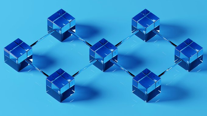 A 3D render of translucent blue glass cubes connected by thin rods, forming a repeating diamond-shaped lattice pattern against a light blue background.